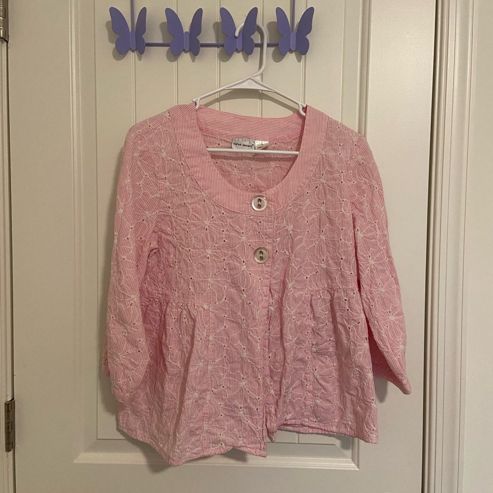 Harve Benard women’s pink white embroidered floral‎ stitch button blouse large